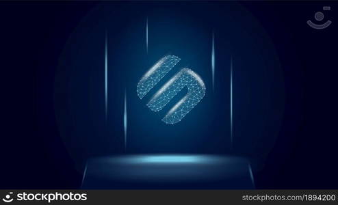 Swipe SXP token symbol of the DeFi system above the pedestal. Cryptocurrency logo icon. Decentralized finance programs. Vector illustration for website or banner.