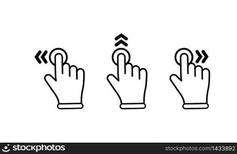 Swipe to left right up icon set. Finger touchscreen gestures on isolated white background. EPS 10 vector. Swipe to left right up icon set. Finger touchscreen gestures on isolated white background. EPS 10 vector.