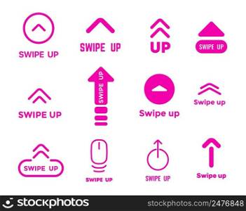Swipe up icons and signs, arrow buttons for scroll and drag for social media, vector symbols. Mobile application interface buttons to swipe up, red pink flat line arrows for UI and UX app. Swipe up icons, scroll and drag arrow buttons