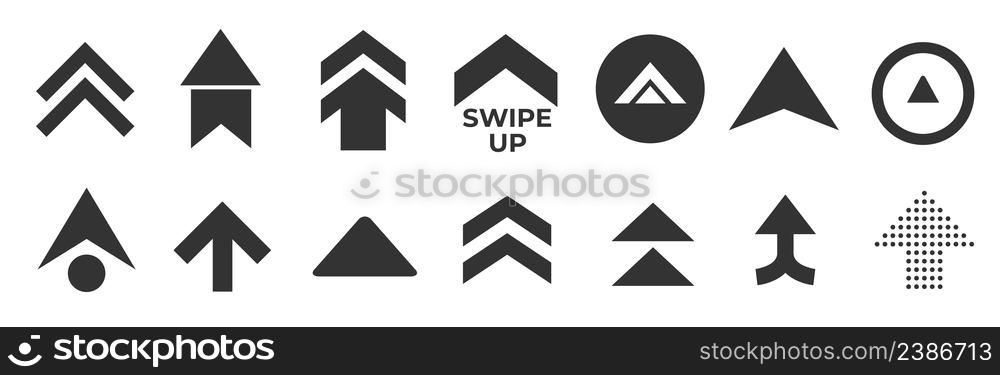Swipe up, set of buttons for social media. Black arrows, buttons and web icons for advertising and marketing in social media application.. Swipe up, set of buttons for social media. Black arrows, buttons and web icons for advertising and marketing