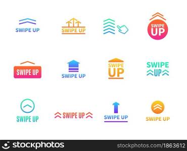 Swipe up. Social media interface buttons. Different arrows for mobile application. Video stories link drag or communication blog UI smartphone signs. Vector isolated colorful graphic digital icons set. Swipe up. Social media interface buttons. Different arrows for mobile application. Video stories link drag or communication blog UI signs. Vector colorful graphic digital icons set