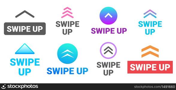 Swipe up. Social media story post button, up arrow icon and swipe action pictogram vector Illustration set. App button design, move story, drag and scroll swipe up. Swipe up. Social media story post button, up arrow icon and swipe action pictogram vector Illustration set