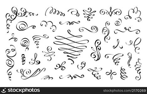 Swirl calligraphic line. Flourish script border. Vintage outline ornament elements. Black ink elegant spirals and scrolls. Isolated classic curve dividers and vignettes. Vector sketch decoration set. Swirl calligraphic line. Flourish script border. Vintage outline ornament elements. Black ink spirals and scrolls. Isolated classic dividers and vignettes. Vector sketch decoration set