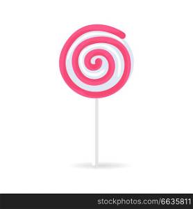 Swirl lollipop candy isolated on white background. Sweet pink spiral sugar dessert on stick, lolly bonbon icon vector illustration. Colorful caramel in flat style design. Confectionery striped treat. Swirl Spiral Lollipop Candy Isolated on White Icon