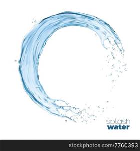 Swirl transparent water wave flow splash with drops. Falling clear water realistic vector drops splash frozen motion, liquid circle wave. Translucent aqua droplets stream, purity. Swirl transparent water wave flow splash drops