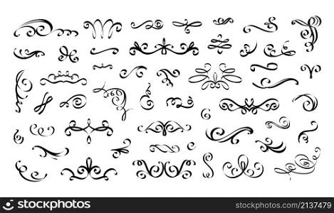 Swirl wedding ornament. Calligraphy flourish vintage outline elements. Typography border line. Black ink spiral and scroll drawing. Isolated elegant curve dividers. Vector retro filigree graphic set. Swirl wedding ornament. Calligraphy flourish vintage outline elements. Typography border line. Black ink spiral and scroll drawing. Elegant curve dividers. Vector filigree graphic set