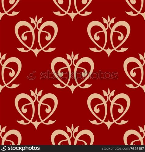 Swirling hearts seamless background pattern with flourishes and curlicues in maroon and beige colors for wallpaper and fabric design