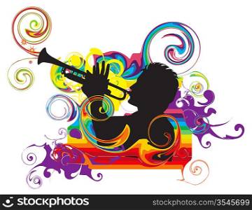 Swirling rainbow illustration with trumpeter
