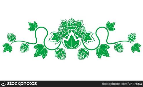 Swirling symmetrical green hop and malt border with an organic eco shape, silhouette illustration on white