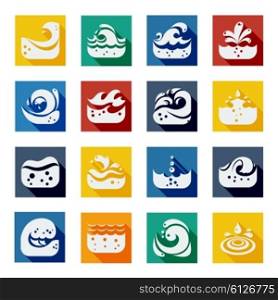 Swirling Wave Color Icons Set. Swirling white spume wave icons set in colorful isolated squares flat vector illustration