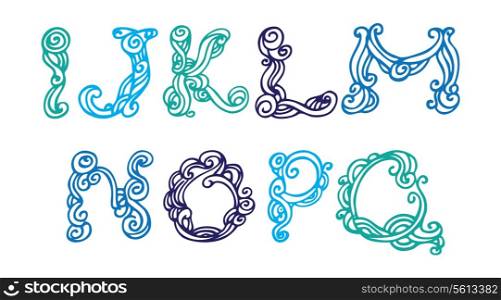 Swirly hand drawn font. Vector letters set I-Q