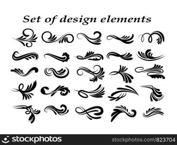 Swirly line curl patterns isolated on white background. Vector flourish vintage embellishments for greeting cards. Collection of filigree frame decoration illustration
