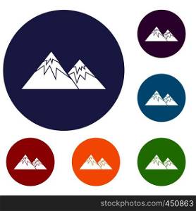 Swiss alps icons set in flat circle reb, blue and green color for web. Swiss alps icons set