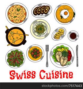 Swiss cheese fondue sketch symbol with croutons, potato rosti topped with fried egg and risotto with cheese, steamed fish steaks and rainbow vegetable salad, green pea shrimps chowder, coffee with chocolate swiss rolls and apple tart. Swiss seafood dishes with fondue and desserts icon
