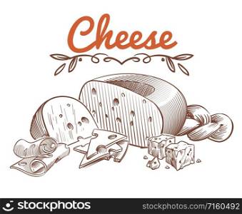 Swiss cheese sketch. Drawing vintage art ingredients for recipe with sliced cheddar and dairy gouda vector isolated engraved food image. Swiss cheese sketch. Drawing vintage art ingredients for recipe with sliced cheddar and dairy gouda vector isolated engraved image