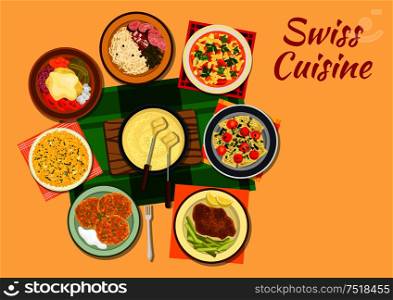 Swiss cuisine cheese fondue flat icon served with cheese schnitzel, potato fritter rosti, minestrone soup, potato with hot cheese raclette, saffron risotto, sausages with sauerkraut and chard ravioli. Swiss cuisine traditional dishes flat icon