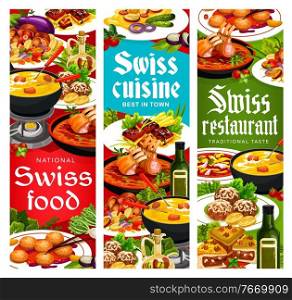 Swiss cuisine vector busseco soup, raclette with potatoes and sable breton cookies with cheese fondue. Alpine lamb loin, engadinsky nut pie and ragu salmi with grizon lamb Switzerland food banners set. Swiss cuisine vector Switzerland food banners set