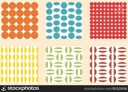 Swiss design aesthetic seamless pattern collection. Abstract round shapes print set for tee, paper, textile and fabric. Brutal vector illustration.