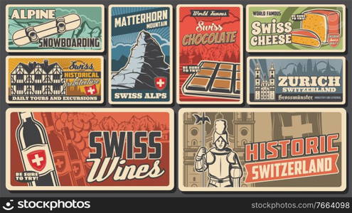 Swiss famous landmarks vector wine, cheese, farvecht houses architecture and chocolate, snowboarding alpine rides and Switzerland travel to matterhorn mountain. Swiss culture and history banners set. Swiss famous objects and landmarks vector banners