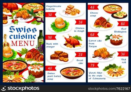Swiss food cuisine restaurant vector menu template with meat dishes and pastry desserts. Gingerbread leckerli, chicken in dough, duck with orange and bread cake. Swiss pearl barley soup menu dishes. Swiss cuisine restaurant vector menu with dishes