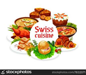 Swiss food cuisine vector gingerbread leckerli, chicken in dough and duck with orange. Bread cake, pearl barley and cheese soup, with beef wellington, carrot cake from Aargau Swiss dishes, round frame. Swiss food cuisine vector dishes, round frame