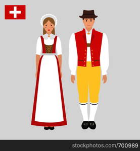 Swiss in national dress with a flag. Man and woman in traditional costume. Switzerland symbols. People. Vector flat illustration.. Swiss in national costume with a flag