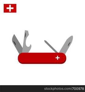 Swiss multi-tool knife in classic design. Icon in flat style. Swiss Symbol of Switzerland. Vector illustration. Swiss multi-tool knife in classic design