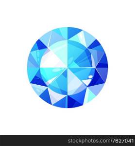 Swiss topaz, sapphire cut crystal isolated. Vector blue diamond, luxury brilliant, turquoise gemstone. Sapphire blue round diamond isolated
