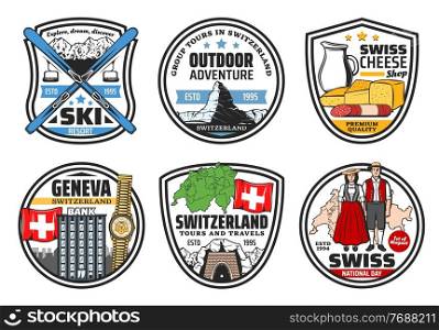 Swiss travel, culture icons. Switzerland landmarks vector emblem. Bank, wristwatch and Swiss flag, tunnel in alps, Matterhorn mountain and ski resort, cheese, sausage and people in national clothing. Switzerland culture, travel landmarks icons