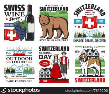 Swiss travel icons, Switzerland Alps mountains, Geneva and Zurich city culture landmarks, vector. Welcome to Switzerland, nature adventure trips, wine store and national costumes, Swiss knife and flag. Swiss travel icons, Switzerland Alps mountains