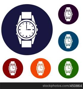Swiss watch icons set in flat circle reb, blue and green color for web. Swiss watch icons set