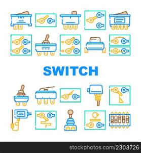 Switch Electricity Accessory Icons Set Vector. Double Pole Single Throw Switch And Electronic Mechanism Line. Joystick And Temperature Measuring Electrical Device Color Illustrations. Switch Electricity Accessory Icons Set Vector