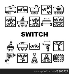 Switch Electricity Accessory Icons Set Vector. Double Pole Single Throw Switch And Electronic Mechanism Line. Joystick And Temperature Measuring Electrical Device Black Contour Illustrations. Switch Electricity Accessory Icons Set Vector