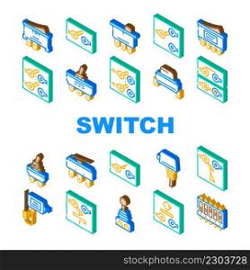 Switch Electricity Accessory Icons Set Vector. Double Pole Single Throw Switch And Electronic Mechanism Line. Joystick And Temperature Measuring Electrical Device Isometric Sign Color Illustrations. Switch Electricity Accessory Icons Set Vector