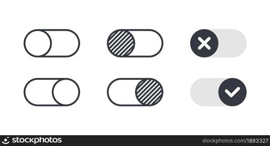 Switch icons. On and Off toggle switch buttons. Toggle Element for Mobile App, Web Design, Animation. Vector illustration