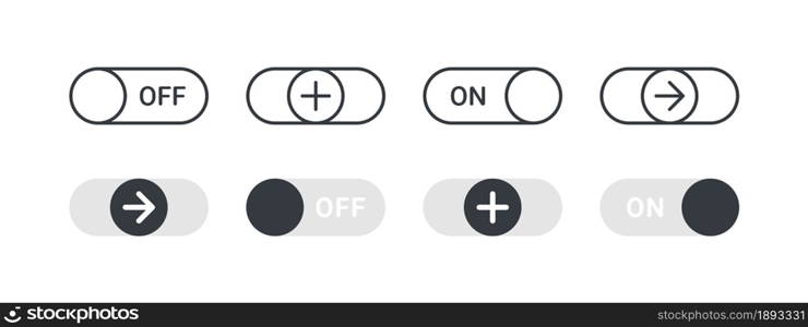 Switch icons. Switches with different signs. Toggle Element for Mobile App, Web Design, Animation. Vector illustration