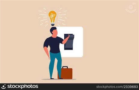 Switch light bulb with bright brain. Genius head innovation and human smart idea thinking vector illustration concept. Conceptual inspiration and imagination people. Business creative intelligent man