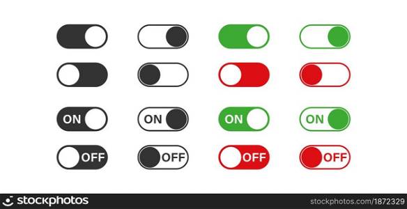 Switch toggle buttons. ON and OFF vector icons set in flat style. App interface slider