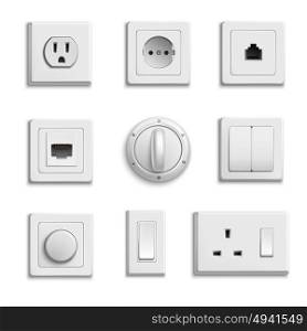 Switches Sockets Realistic Set. Square rectangular and round white switches and sockets realistic set on white background isolated vector illustration