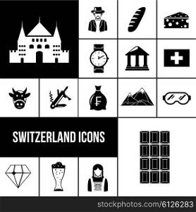 Switzerland black icons set. Switzerland symbols black icons set with chocolate watches beer isolated vector illustration