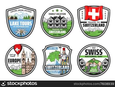 Switzerland city tours, landmarks and attractions sightseeing trips, travel agency vector icons. Switzerland vacation, culture, historic architecture and outdoor Swiss Alpine lakes tours. Welcome to Switzerland, city landmark tours icons