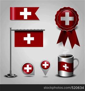 Switzerland Country Flag place on Map Pin, Steel Pole and Ribbon Badge Banner. Vector EPS10 Abstract Template background