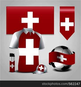 Switzerland Country Flag place on T-Shirt, Lighter, Soccer Ball, Football and Sports Hat. Vector EPS10 Abstract Template background