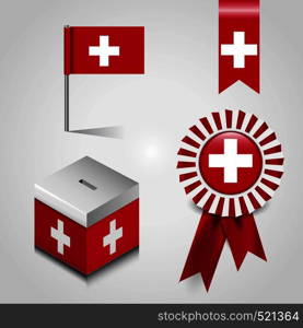 Switzerland Country Flag place on Vote Box, Ribbon Badge Banner and map Pin. Vector EPS10 Abstract Template background