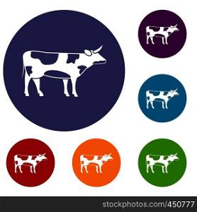 Switzerland cow icons set in flat circle reb, blue and green color for web. Switzerland cow icons set