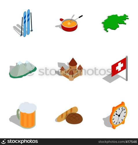 Switzerland cultural elements icons set. Isometric 3d illustration of 9 Switzerland cultural elements vector icons for web. Switzerland cultural elements icons set