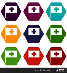 Switzerland flag icon set many color hexahedron isolated on white vector illustration. Switzerland flag icon set color hexahedron