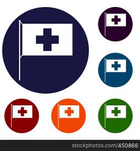 Switzerland flag icons set in flat circle reb, blue and green color for web. Switzerland flag icons set