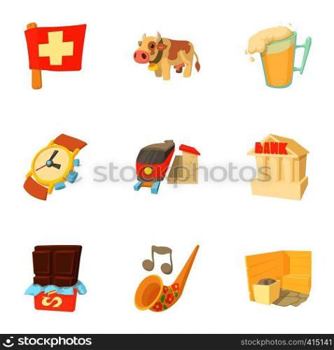 Switzerland icons set. Cartoon illustration of 9 Switzerland vector icons for web. Switzerland icons set, cartoon style