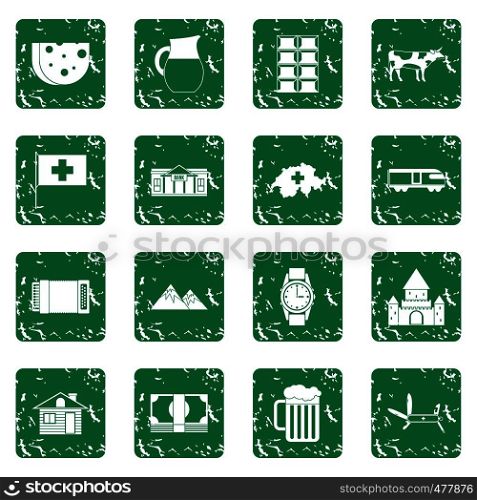 Switzerland Icons set in grunge style green isolated vector illustration. Switzerland Icons set grunge